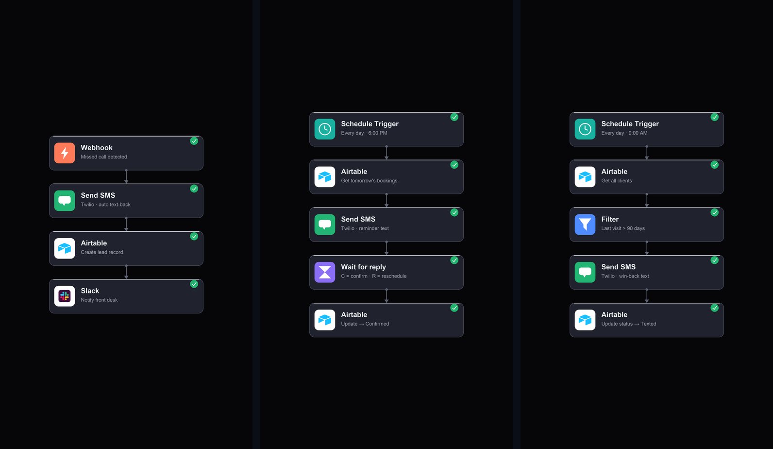 Three auto-generated social graphics explaining n8n automation workflows: missed calls, no-shows, rebooking